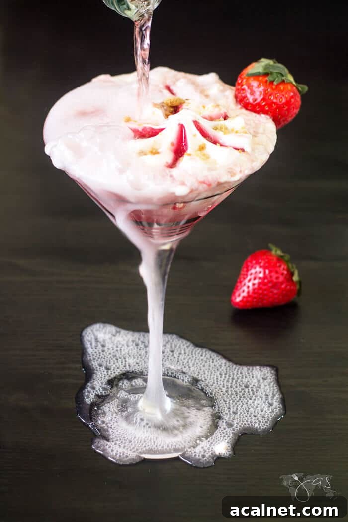 pouring sparkling wine over strawberry ice cream