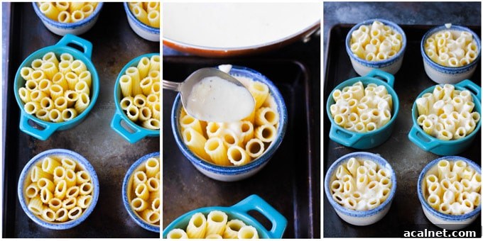 Process shots of preparing individual pasta bakes with Mahon cheese