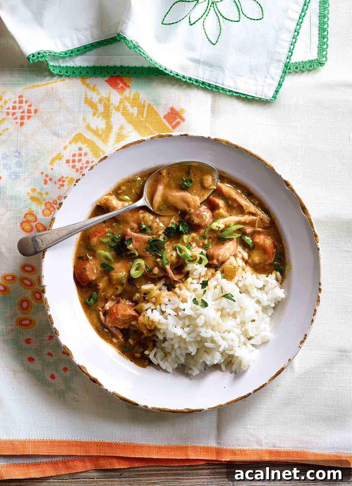 Cajun chicken and sausage gumbo with a serving of rice, in a white bowl with a spoon.