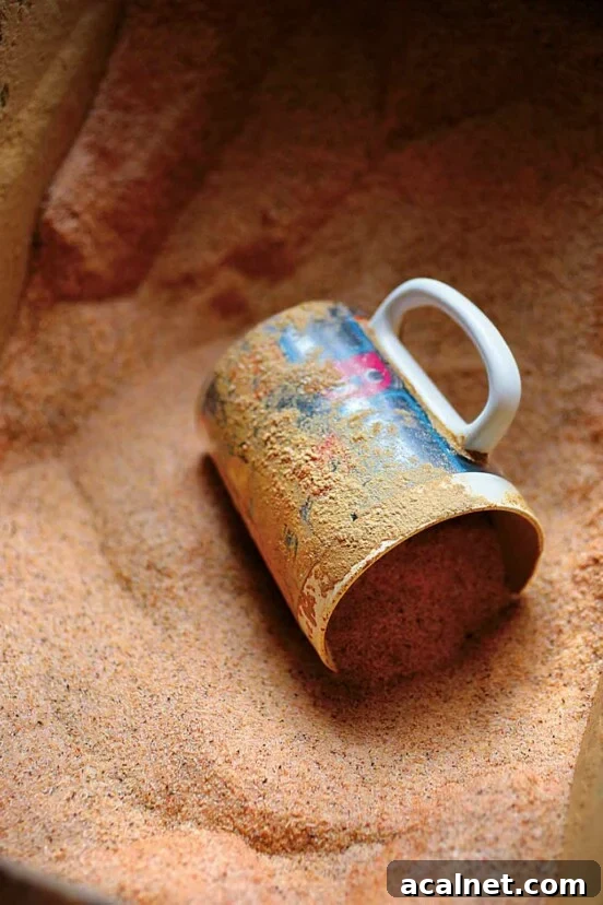 A mug lying on its side in a bin of cajun spice mix