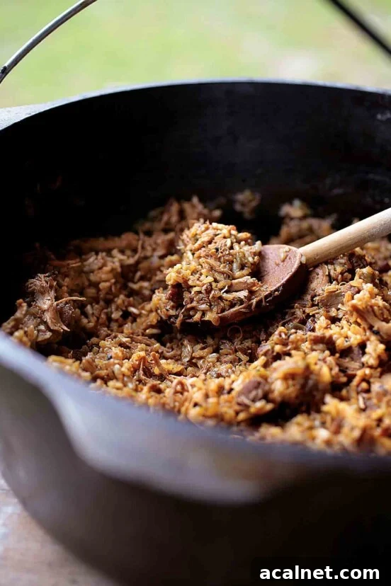 A cast-iron pot of Cajun Chicken and Sausage Jambalaya with a wooden spoon resting inside.