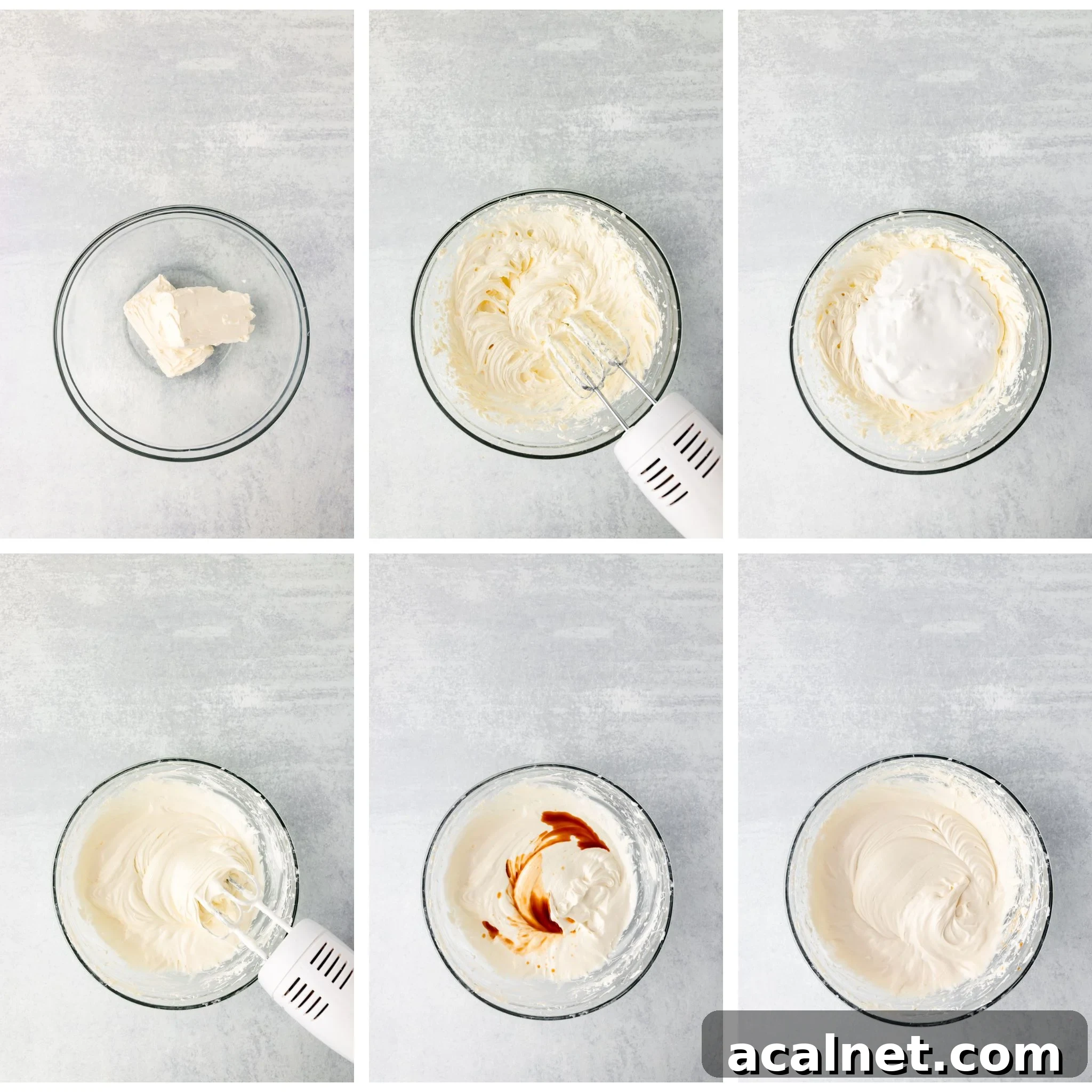 Six-step collage showing the process of making Marshmallow Fruit Dip: cream cheese in a bowl, then blended; whipped mixture; cream added; whipped again; vanilla extract added; and final smooth, creamy dip mixed with a hand mixer in a glass bowl.