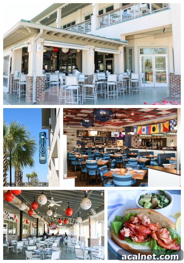 Caprese Grilled Fish Poseidon Collage Collage of 5 photos of Poseidon restaurant including sign, seating areas and lobster roll.