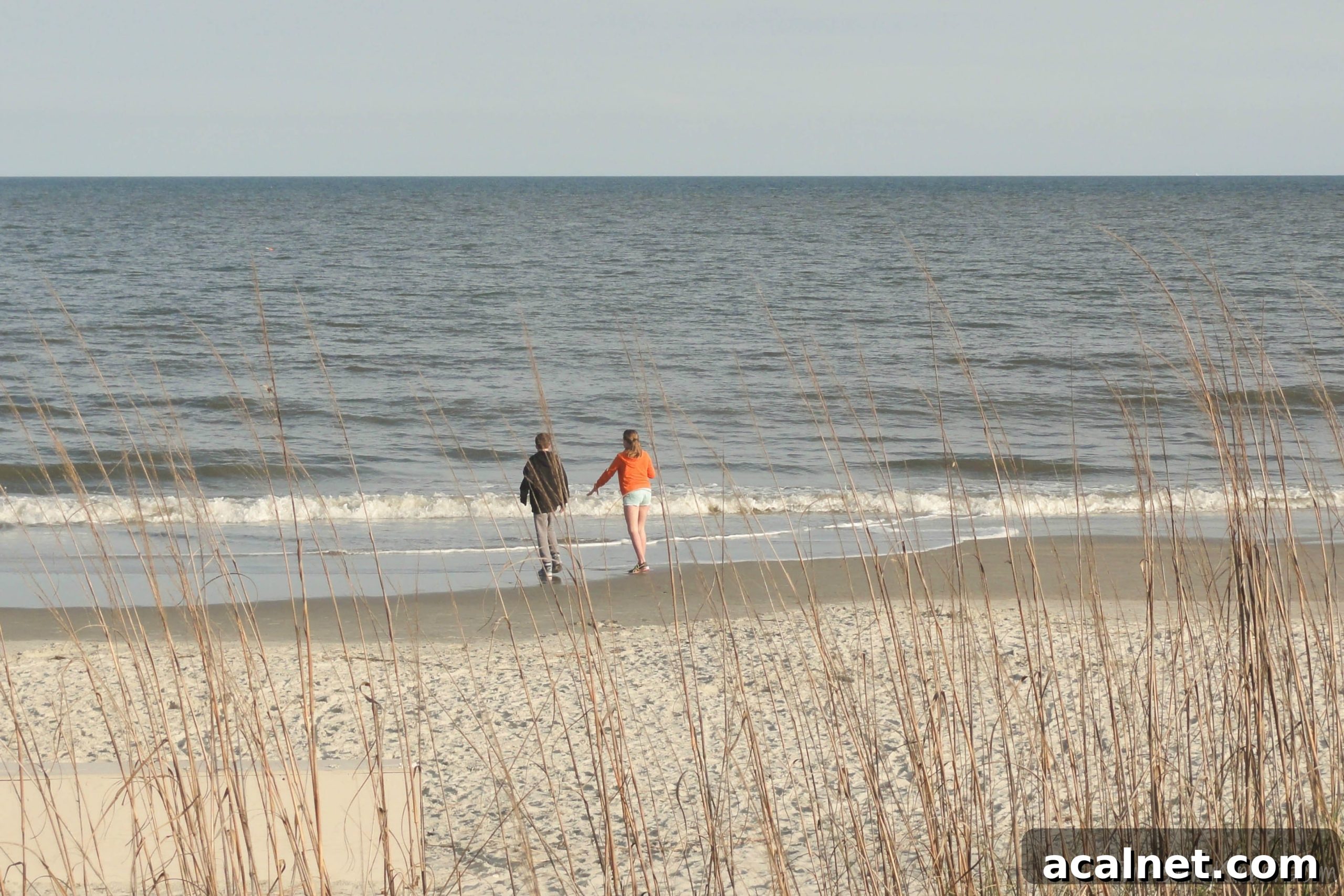 Caprese Grilled Fish Kids on Beach Watermarked Boy and girl on beach at edge of surf, with sea grass in foreground.