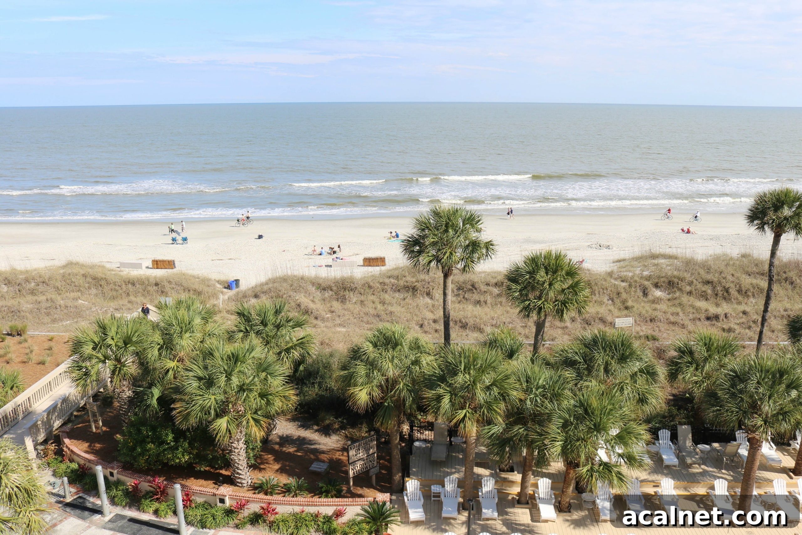 Caprese Grilled Fish Beach Watermarked Overhead of beach chairs and palm trees by walkway leading trough dunes to the beach.