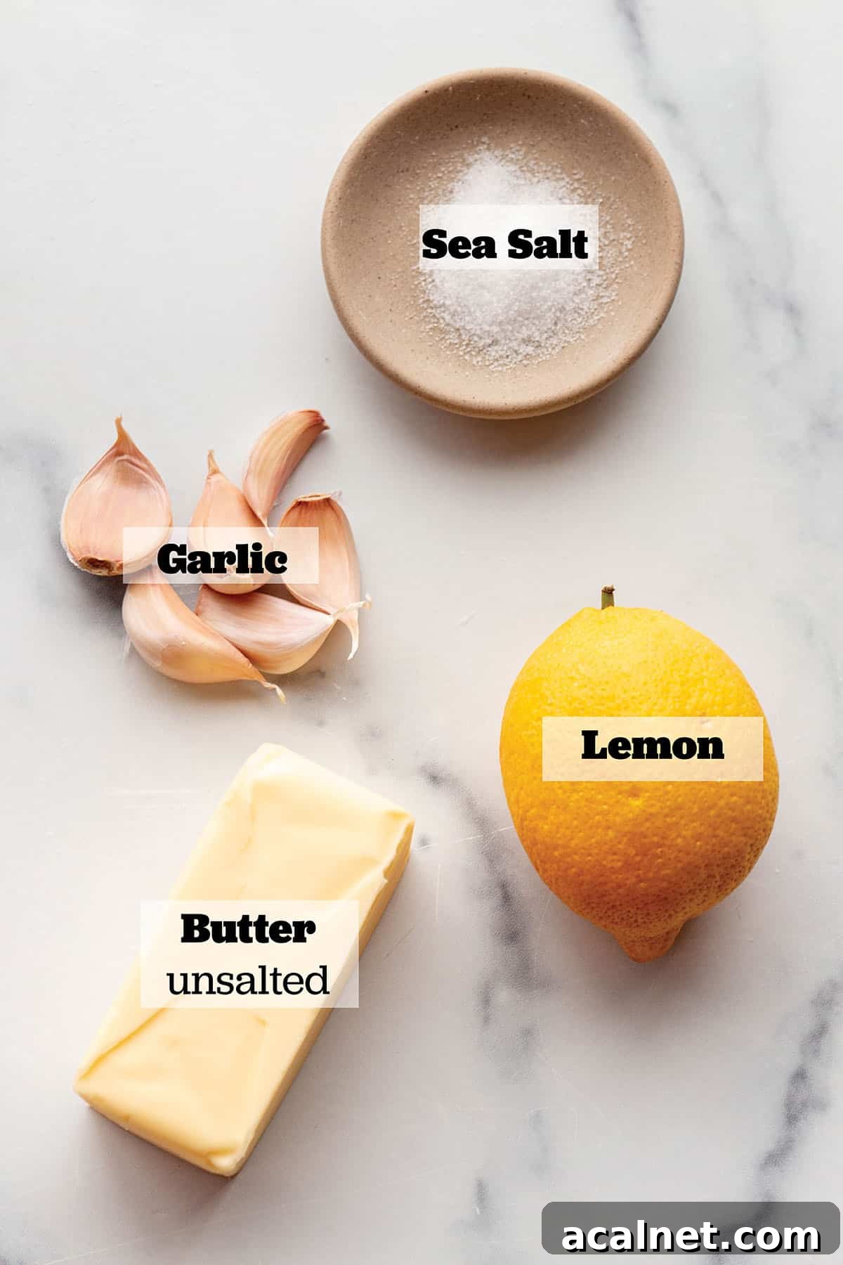 Garlic Butter Seafood Sauce Recipe for Shrimp, Scallops & Fish 3 Stick of butter, fresh lemon, sea salt, and garlic cloves.