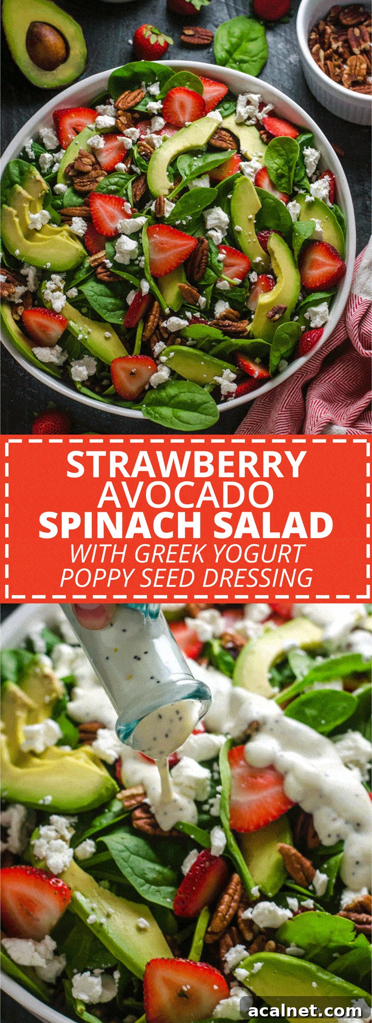 Strawberry Avocado Spinach Salad with Greek Yogurt Poppy Seed Dressing. This simple salad is full of creamy, crunchy, nutty, fruity, tangy, and summer-friendly flavors. You're gonna love it! | hostthetoast.com