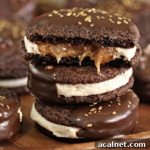 Spicy Chocolate Caramel Sandwich Cookies — Decadent Sweet Heat 4 Close up of a stack of Spicy Chocolate Caramel Sandwich Cookies showing buttercream and gooey caramel.