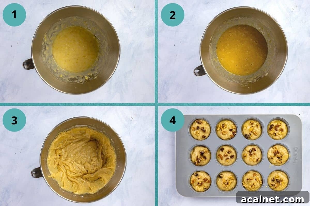 Moist Banana Walnut Muffins with Crumbly Streusel Topping 4 Photo collage of recipe steps.