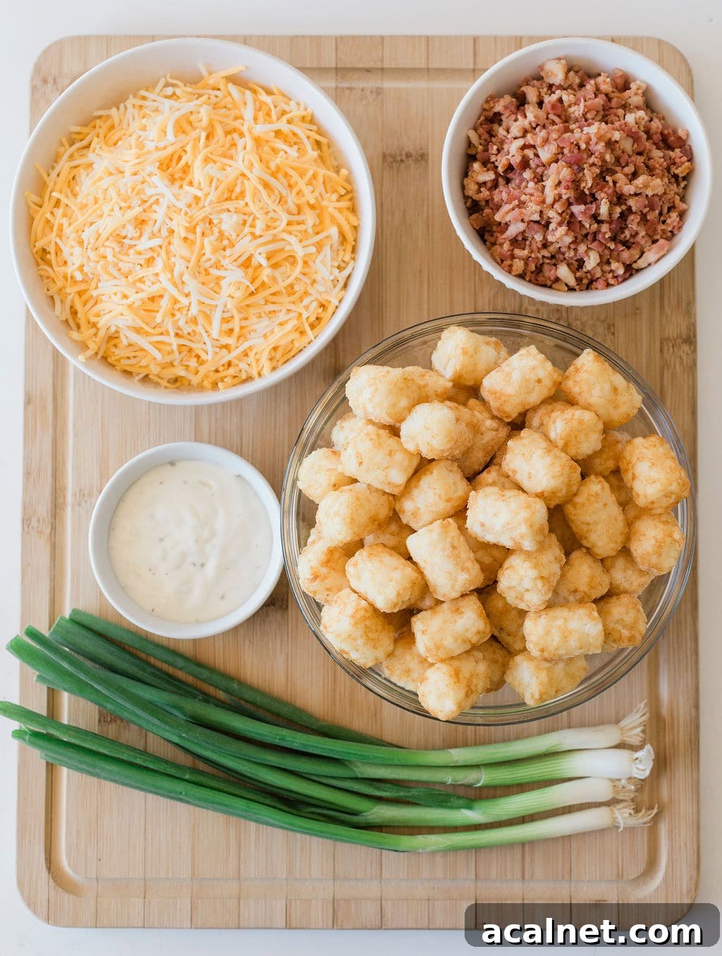 Stack of loaded tater tot skewers