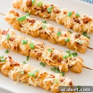 Tater tot skewers on a white plate with cheese and bacon