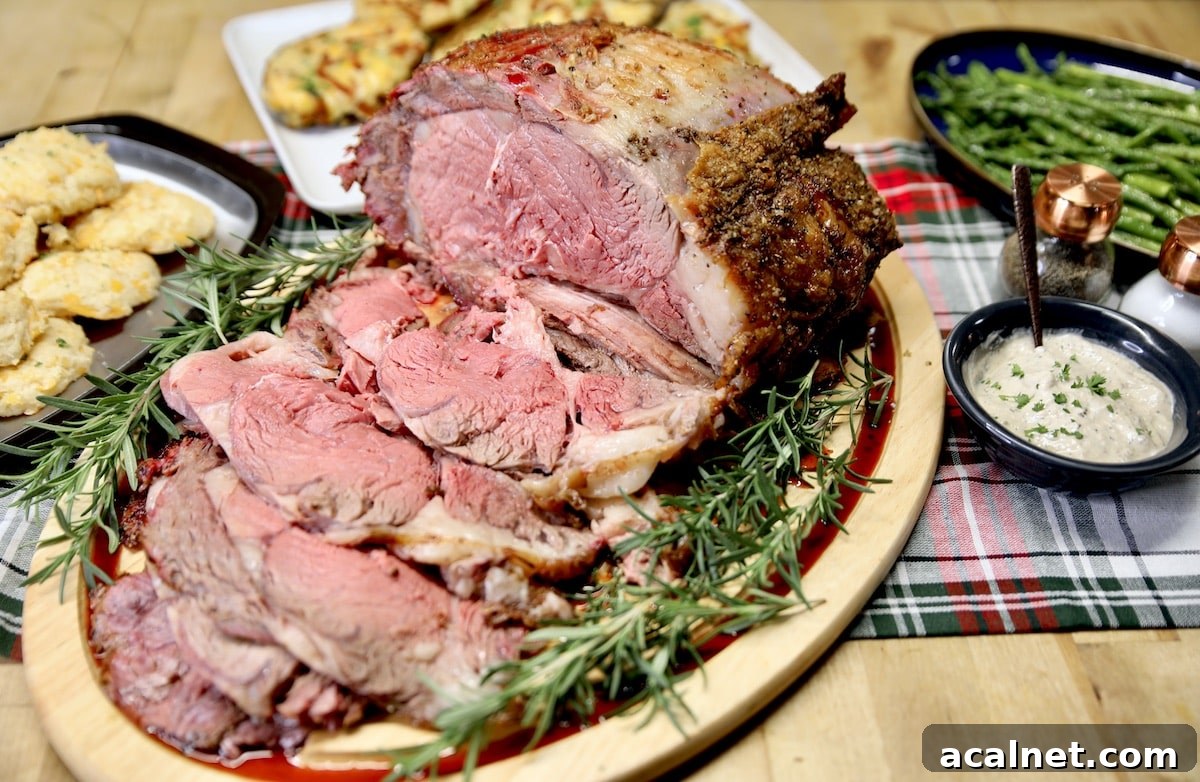 Easy prime rib roast for Christmas dinner on the grill. Prime rib roast, partially sliced on a cutting board.