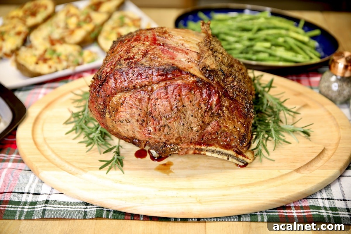 Perfect Prime Rib Roast Recipe for Tender, Juicy Beef 3 Prime rib on a cutting board with vegetables in background.