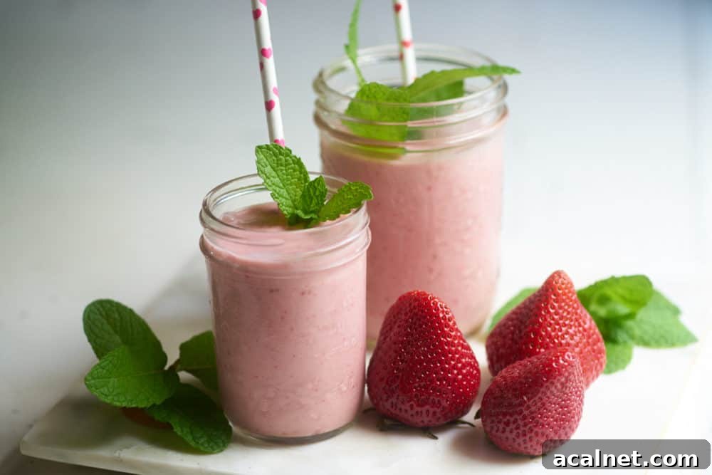 Dairy-Free Strawberry Milkshake Recipe: Creamy Vegan Shake 2 Two strawberry dairy free milkshakes with straws and sprigs of mint on a white tray with fresh strawberries.