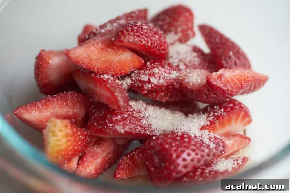 Dairy-Free Strawberry Milkshake Recipe: Creamy Vegan Shake 4 Fresh strawberries dusted with sugar in a glass bowl.