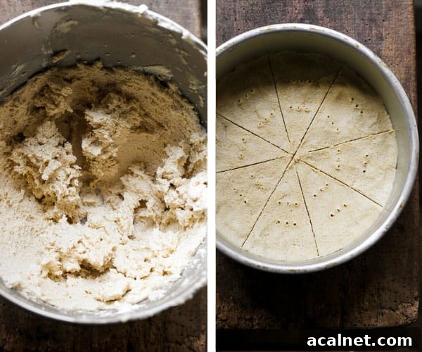 Process shots for gluten-free shortbread. showing the dough in the mixing bowl and then in the cake tin ready for the oven.