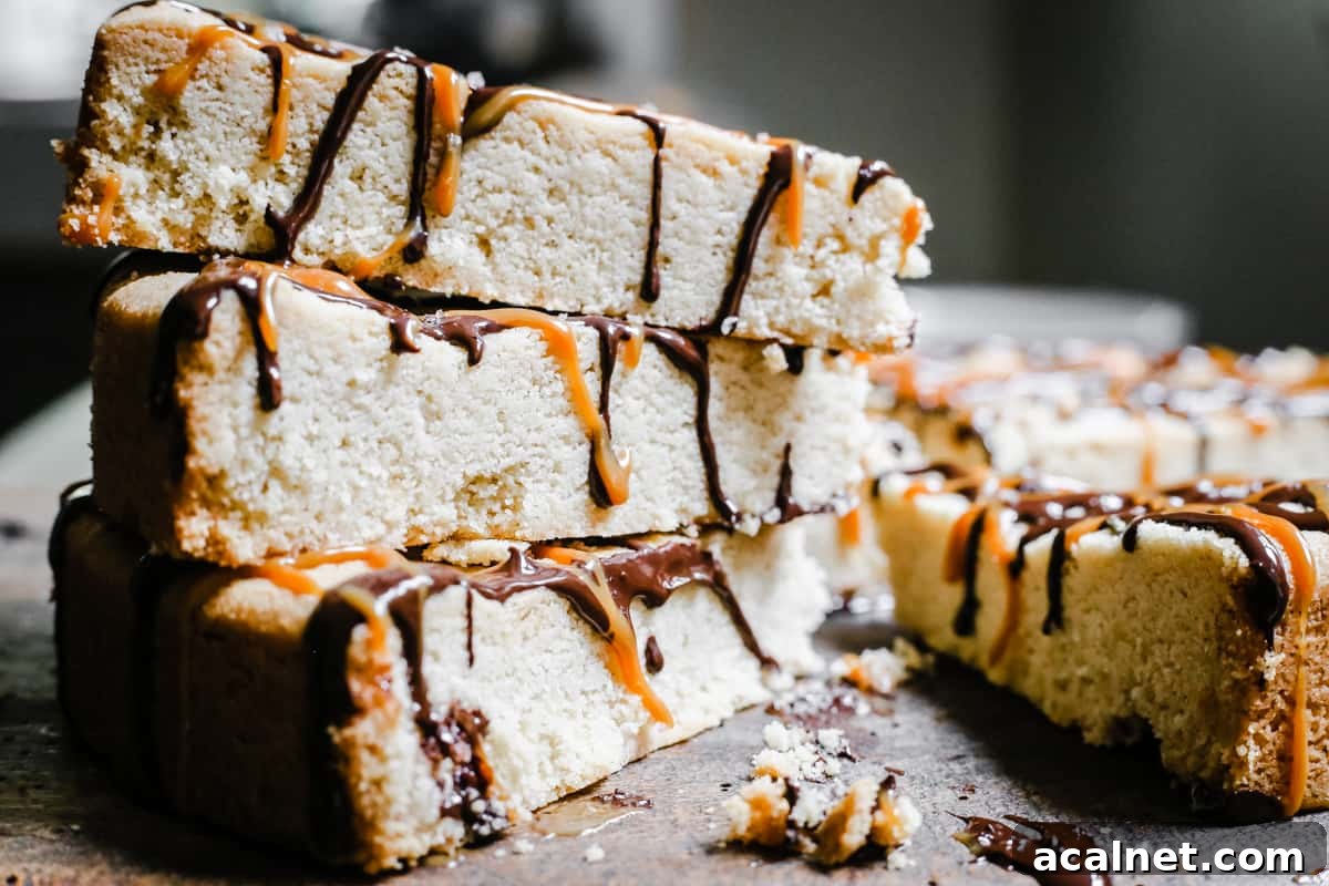 Side view of Gluten-free shortbread drizzled with chocolate and dulce de leche