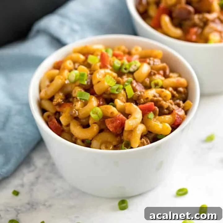 Chili Mac casserole in a white bowl.