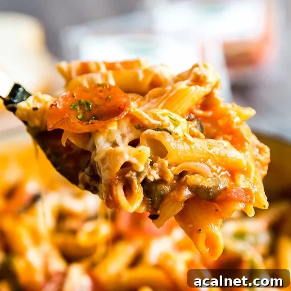 A square image of Supreme Pizza One Pot Pasta.
