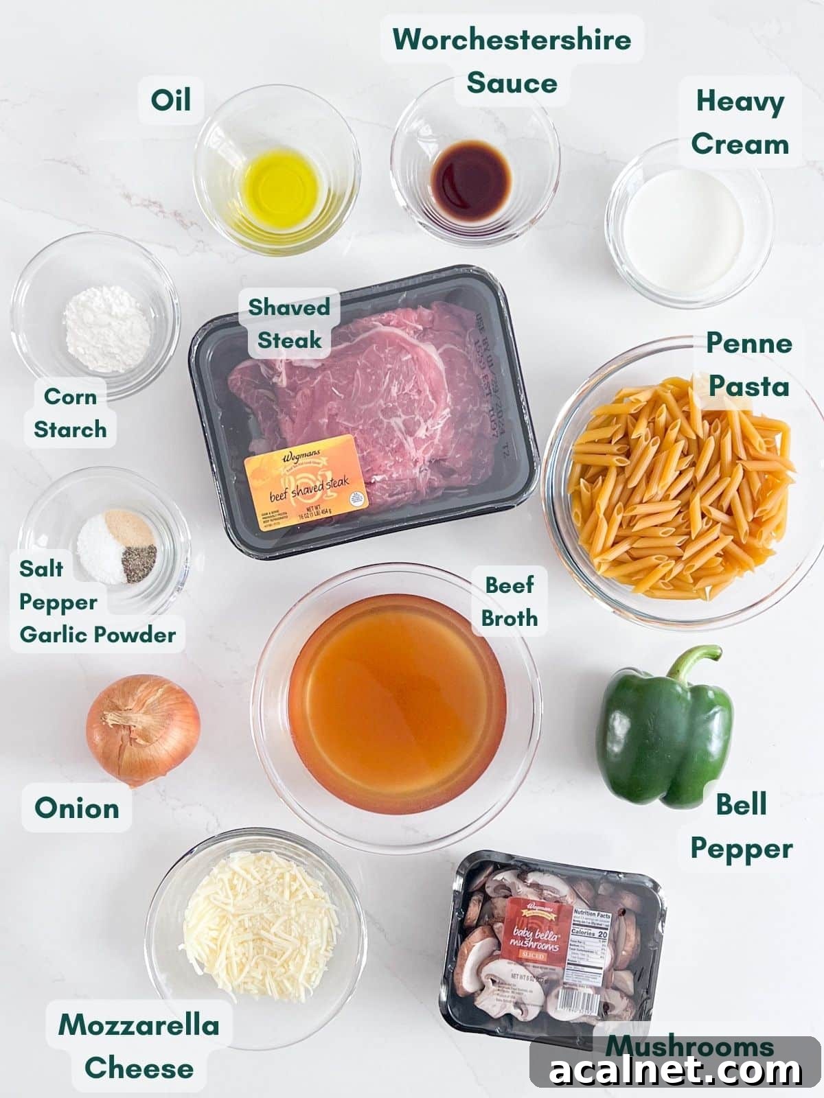 An overhead image of labeled ingredients in glass bowls.