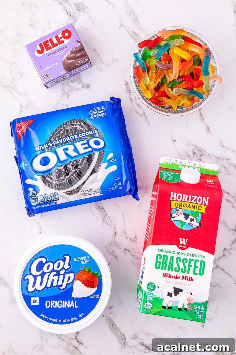 Ingredients for Oreo dirt cups on kitchen counter.