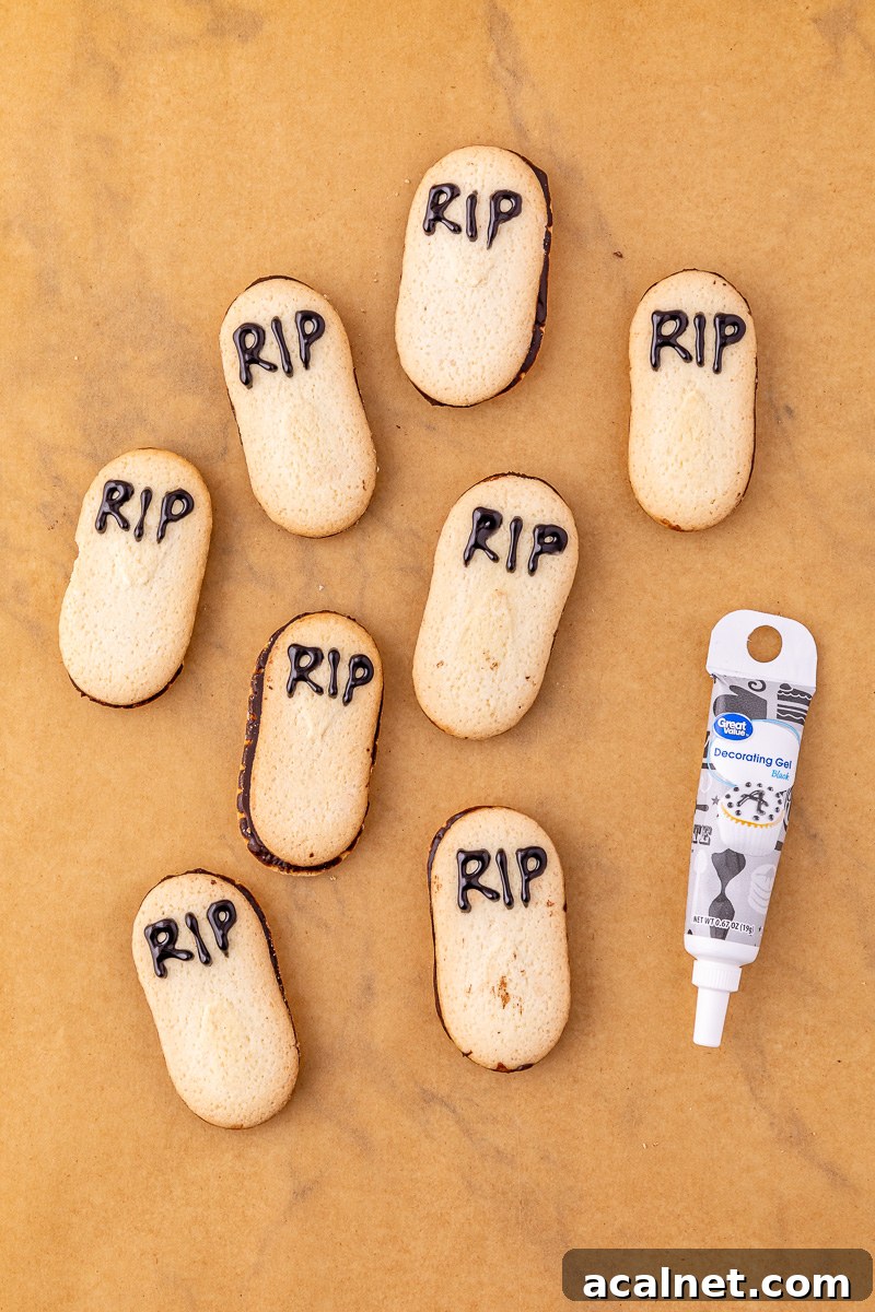 Milano cookies with R.I.P. written on with icing.