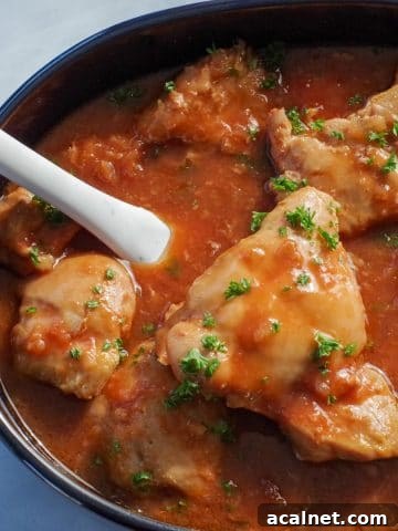 chicken in a hurry in a dark blue oval casserole dish, with a marble spatula, on a marble counter surface