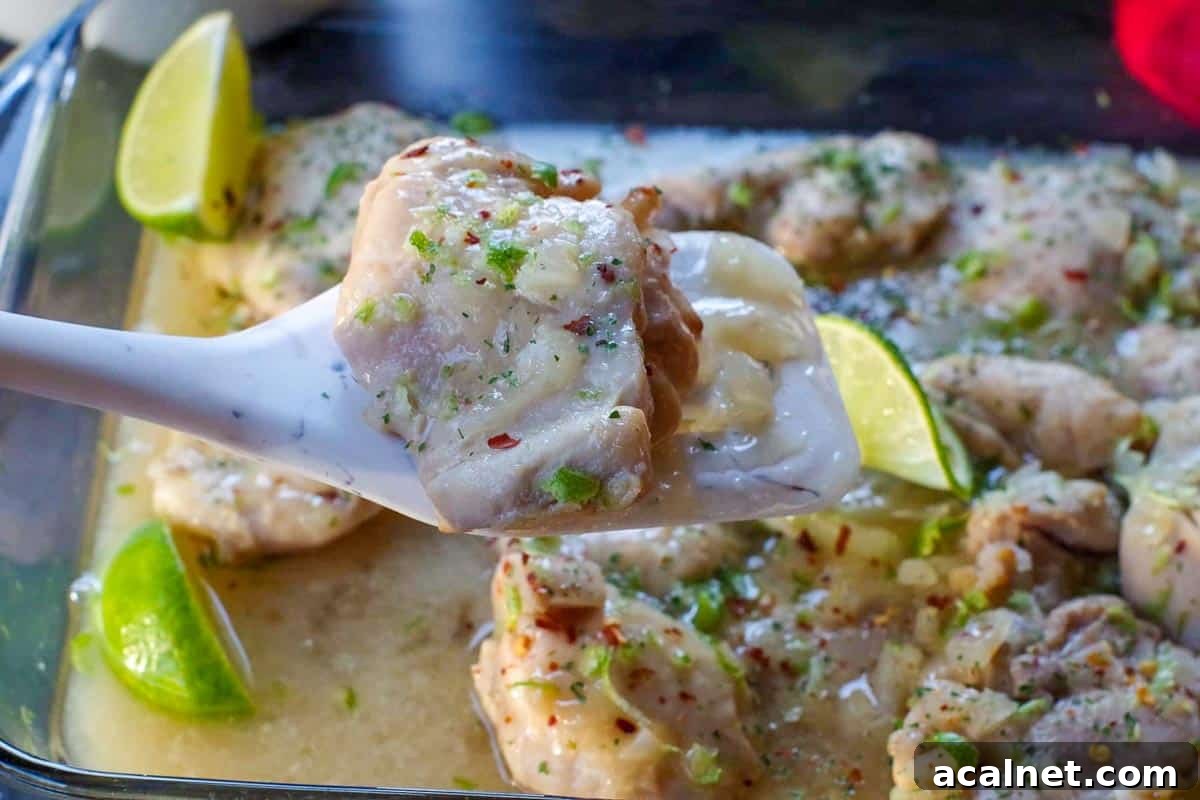 Lime and honey chicken being held up on a spatula over a casserole dish of lime honey chicken