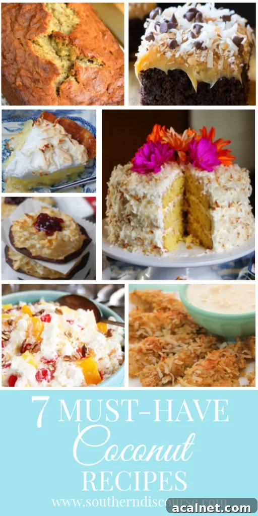 7 absolutely must-have coconut recipes.  From savory to breads to desserts, coconut's light nutty taste is a like a little bit of vacation in every bite! #southerndiscourse #coconutdesserts #coconutbananabread #savorycoconut #pie #cake #fruitsalad