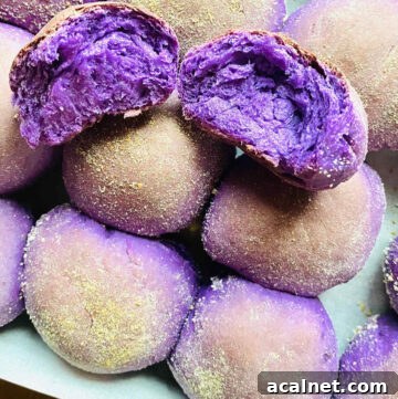 ube pandesal roll torn in half sitting on tray of freshly baked ube pandesal