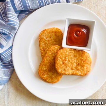 air fryer frozen hash browns on a plate with ketchup