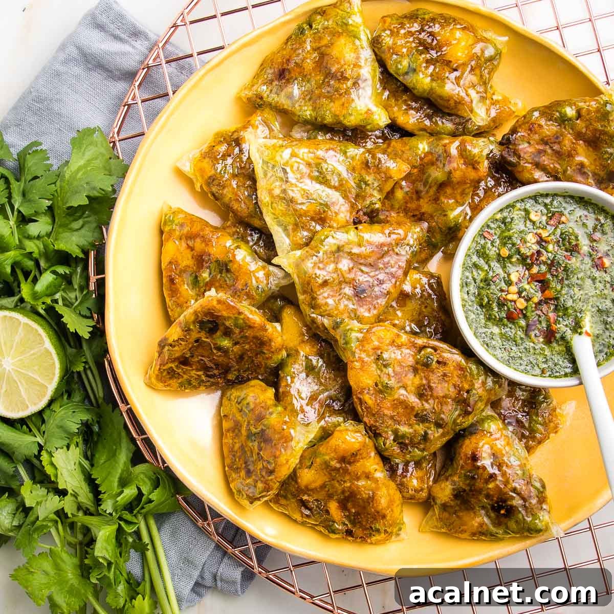 Baked samosas in small triangles on a yellow dish with a small white bowl filled with green chutney and a bunch of cilantro on the side.