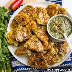 White rimmed round plate filled with appetizer sized baked samosas plus a small white dish filled with green chutney. The plate is on a blue patterned napkin and is surrounded by a bunch of cilantro and a red chili pepper