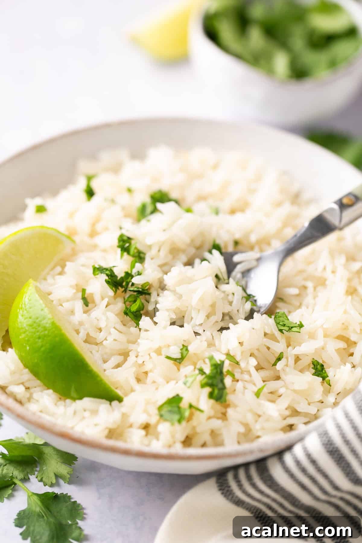 a closeup of coconut rice in a bowl, garnished with lime and cilantro with a silver fork digging into the rice.