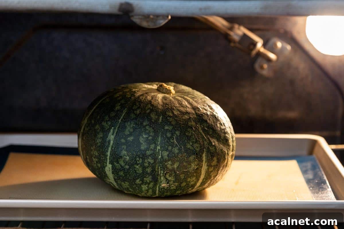 Roasting a whole kabocha in the oven.