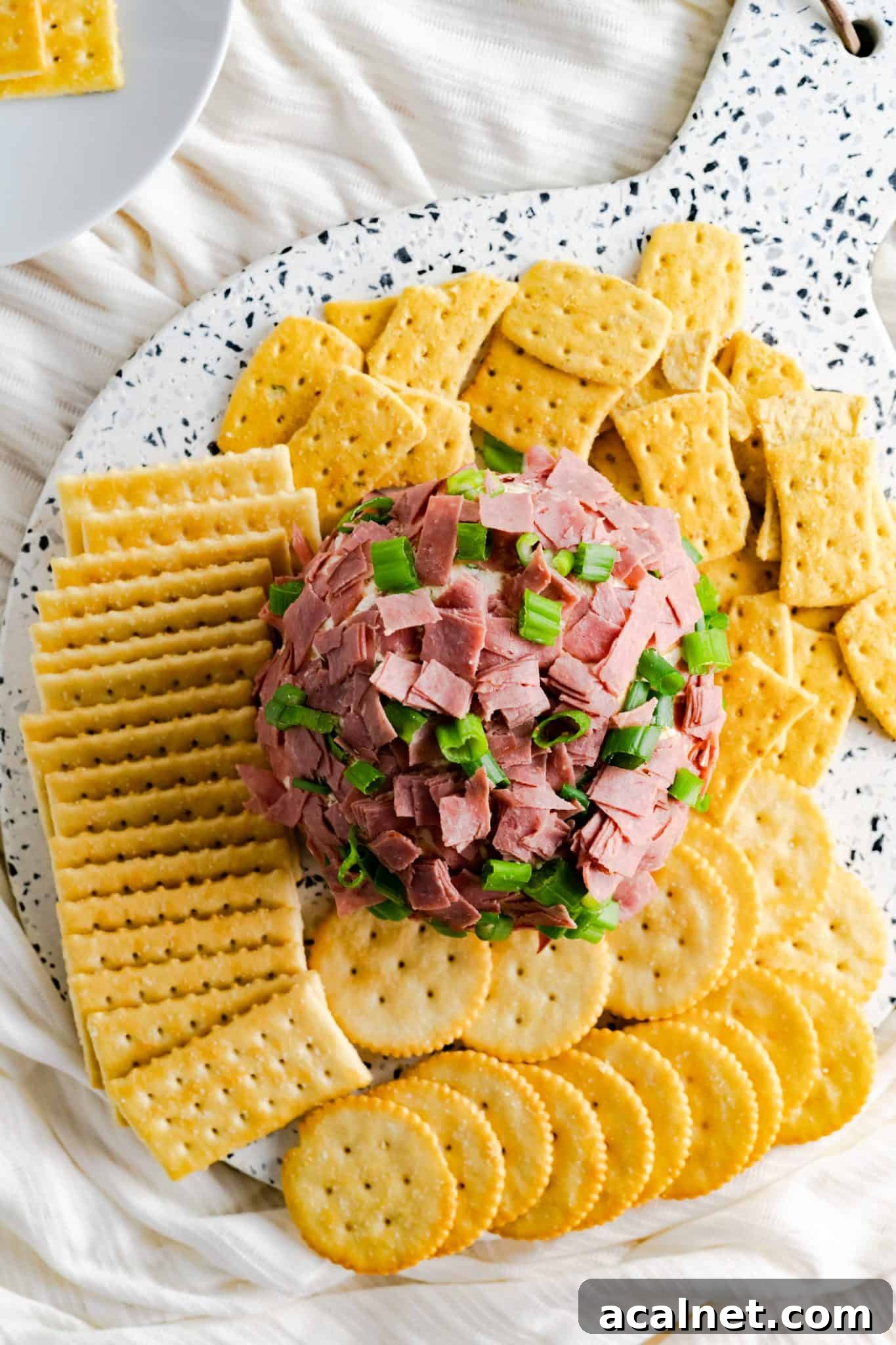 Cheese ball covered in chipped beef and scallions surrounded by a variety of crackers.