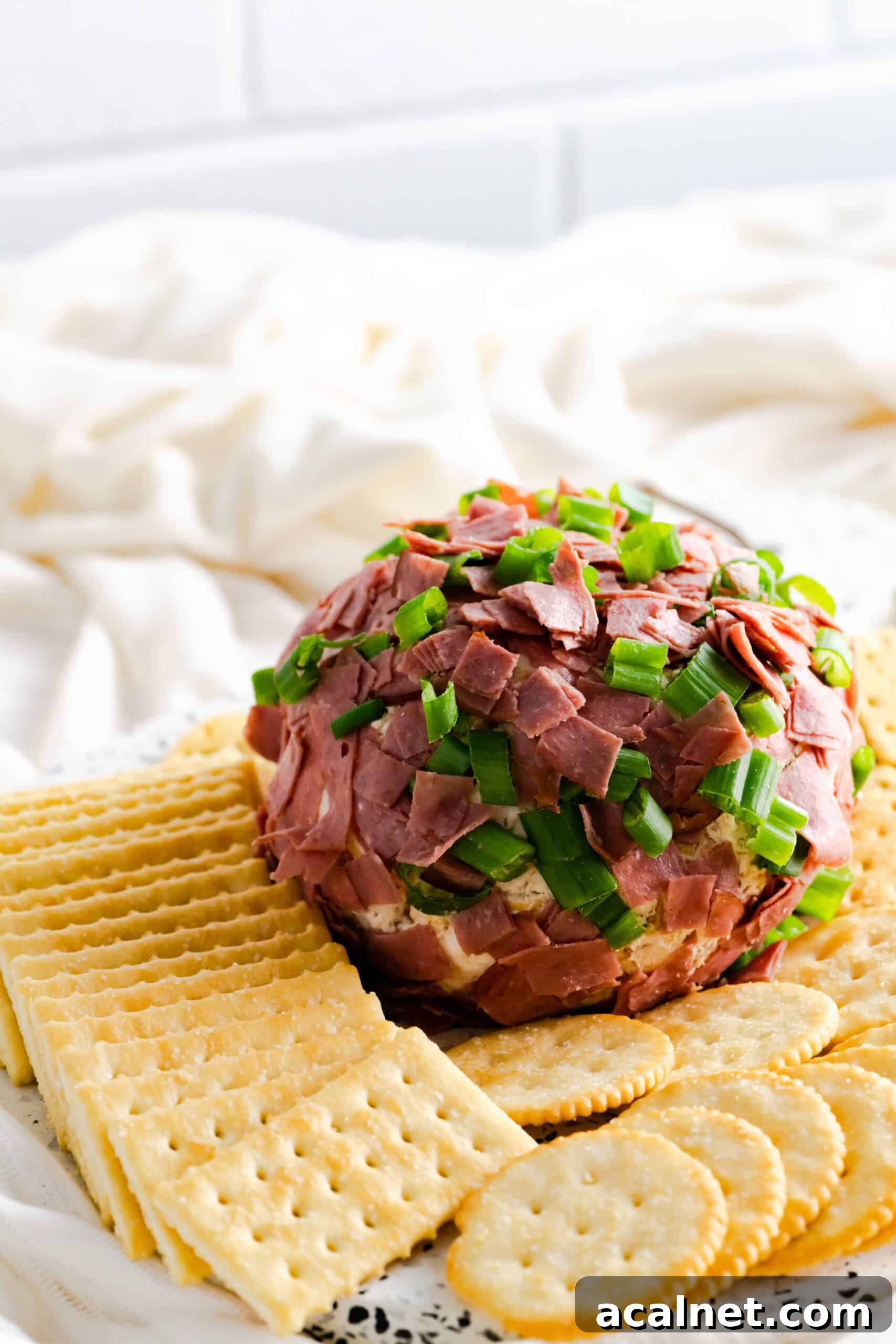 Dried Beef Cheese ball on a platter surrounded by crackers.
