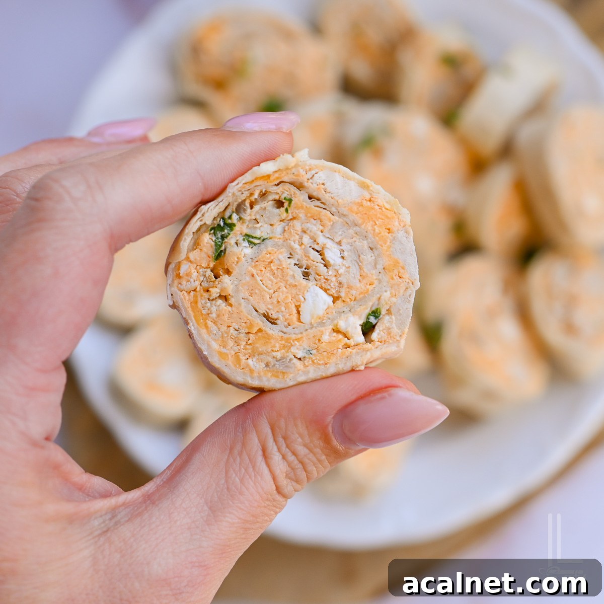 Buffalo Chicken Pinwheels Recipe — Spicy Appetizer Roll-Ups 2 holding a buffalo chicken pinwheel, showing chicken, green onions, and a creamy sauce.