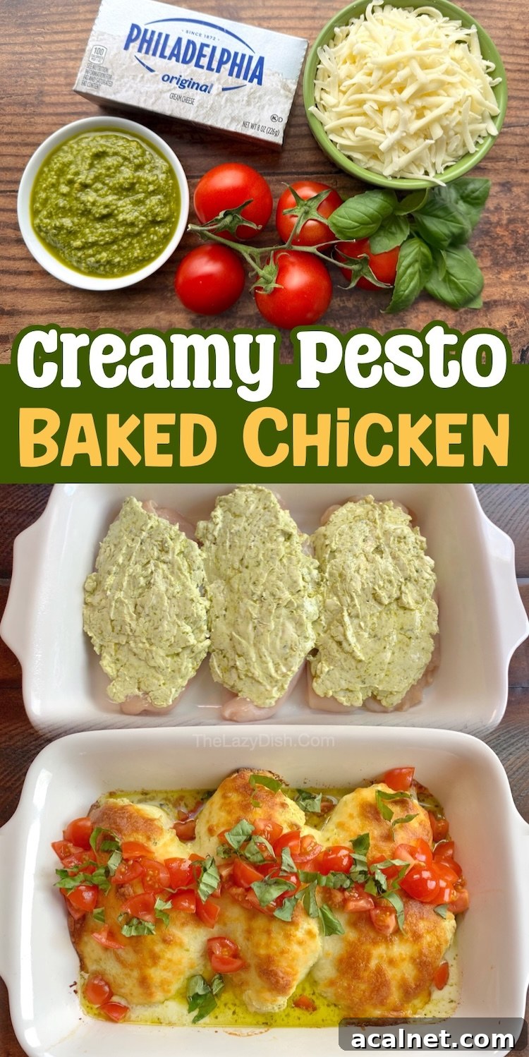 This easy family dinner recipe only takes 5 minutes to prepare before placing it in the oven to bake! Just mix together a block of cream cheese with pesto, spread it over the chicken, top with shredded cheese, and bake for a yummy kid friendly meal the entire family will enjoy on busy weeknights. It's easy, low carb, and totally delicious!