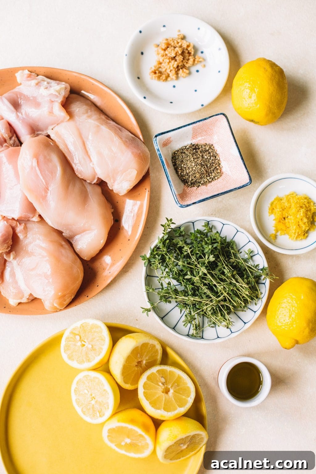 Citrus Grilled Chicken with Lemon Herb Marinade 3 chicken breasts, black pepper, fresh thyme, lemon zest, lemons
