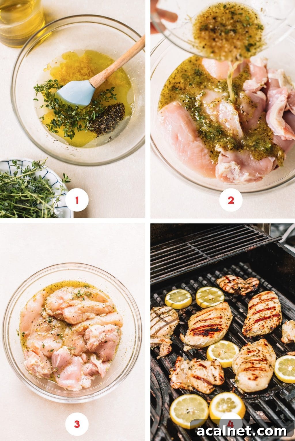 Citrus Grilled Chicken with Lemon Herb Marinade 4 mixing lemon marinade in glass bowl, marinating chicken in bowl, grilling chicken breasts on outdoor grill