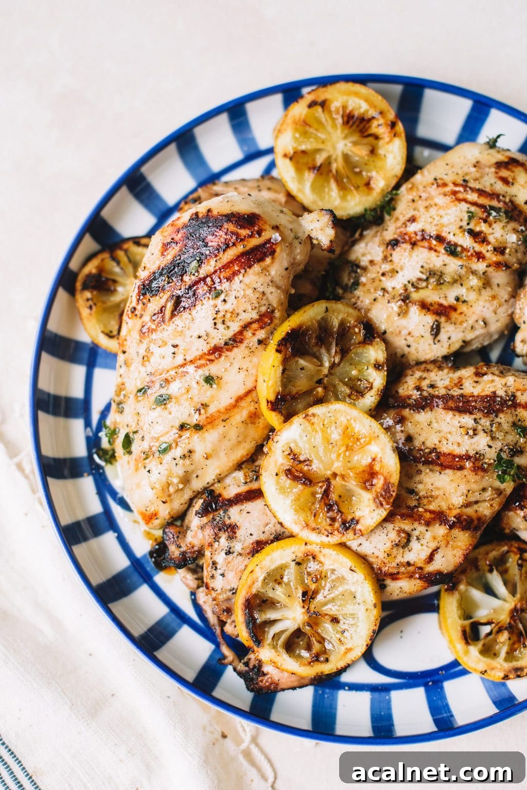 Citrus Grilled Chicken with Lemon Herb Marinade 8 grilled lemon chicken with lemon wheels on blue striped plate