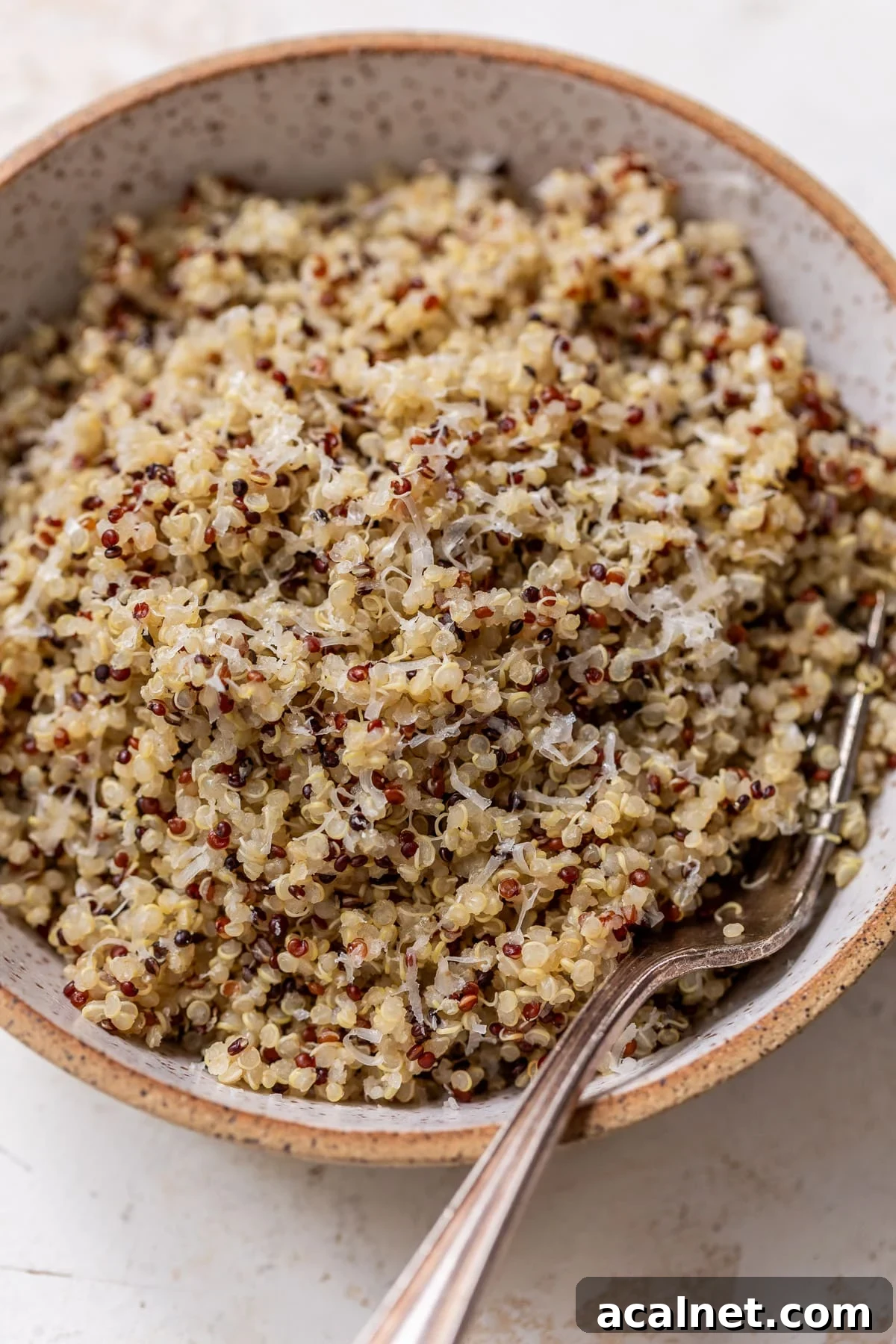overhead view of cooked quinoa in a bowl with a fork.