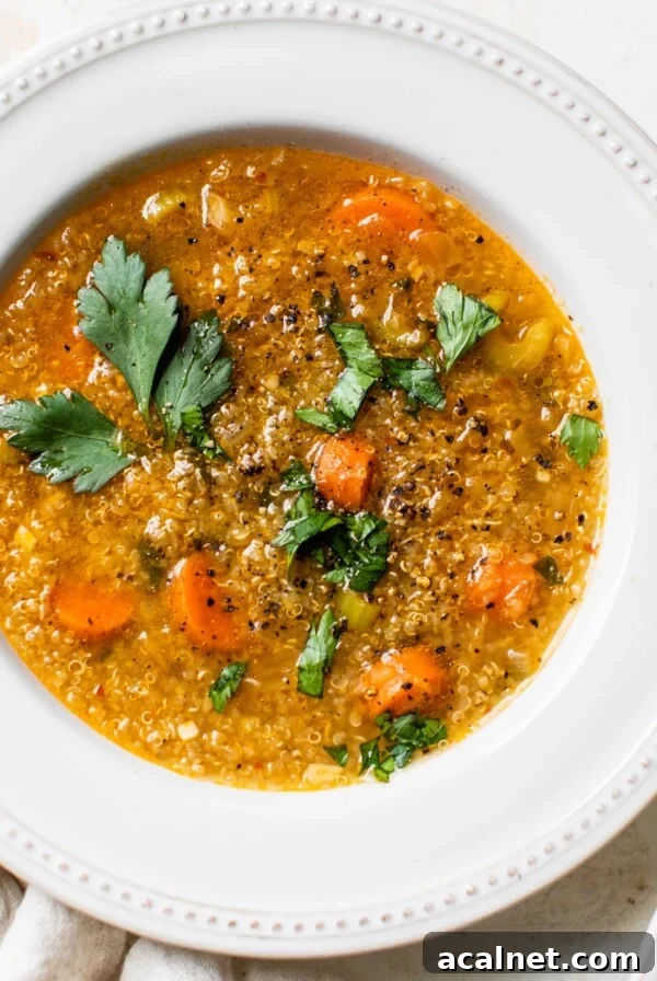 a bowl of vegetable soup with quinoa
