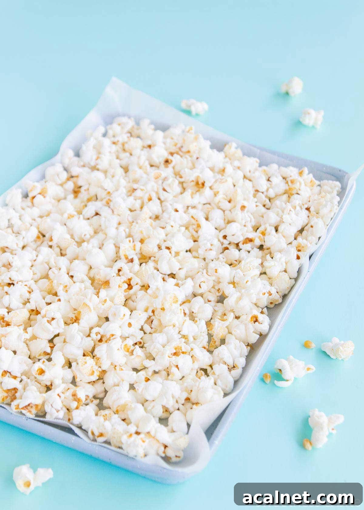 A tray of plain, popped popcorn on a blue background.