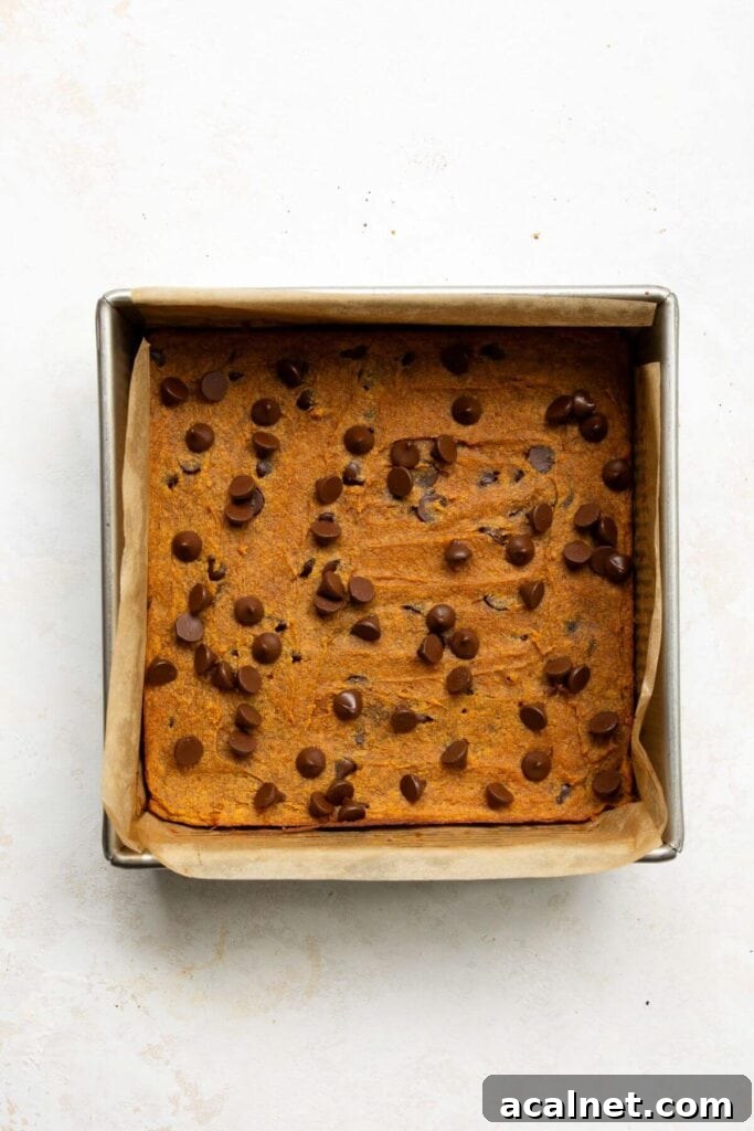 baked sweet potato blondies in a baking dish with chocolate chips on top