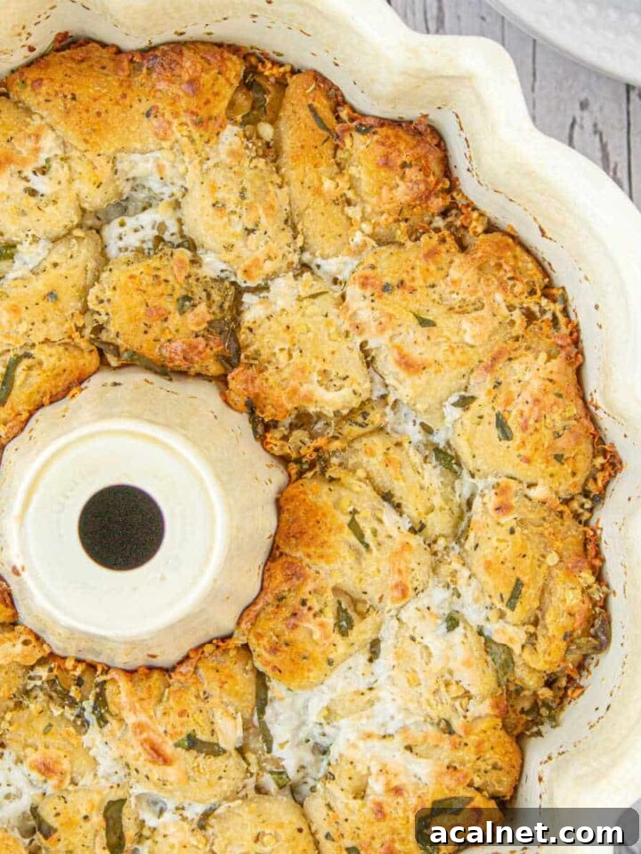 Overhead close up shot of Italian monkey bread in a bundt pan - cropped square.