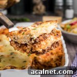 A scoop of venison lasagna being lifted out of the dish.