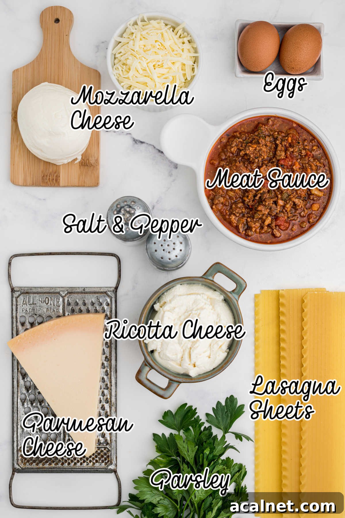 Ingredients needed to make a venison lasagna, with text overlay.