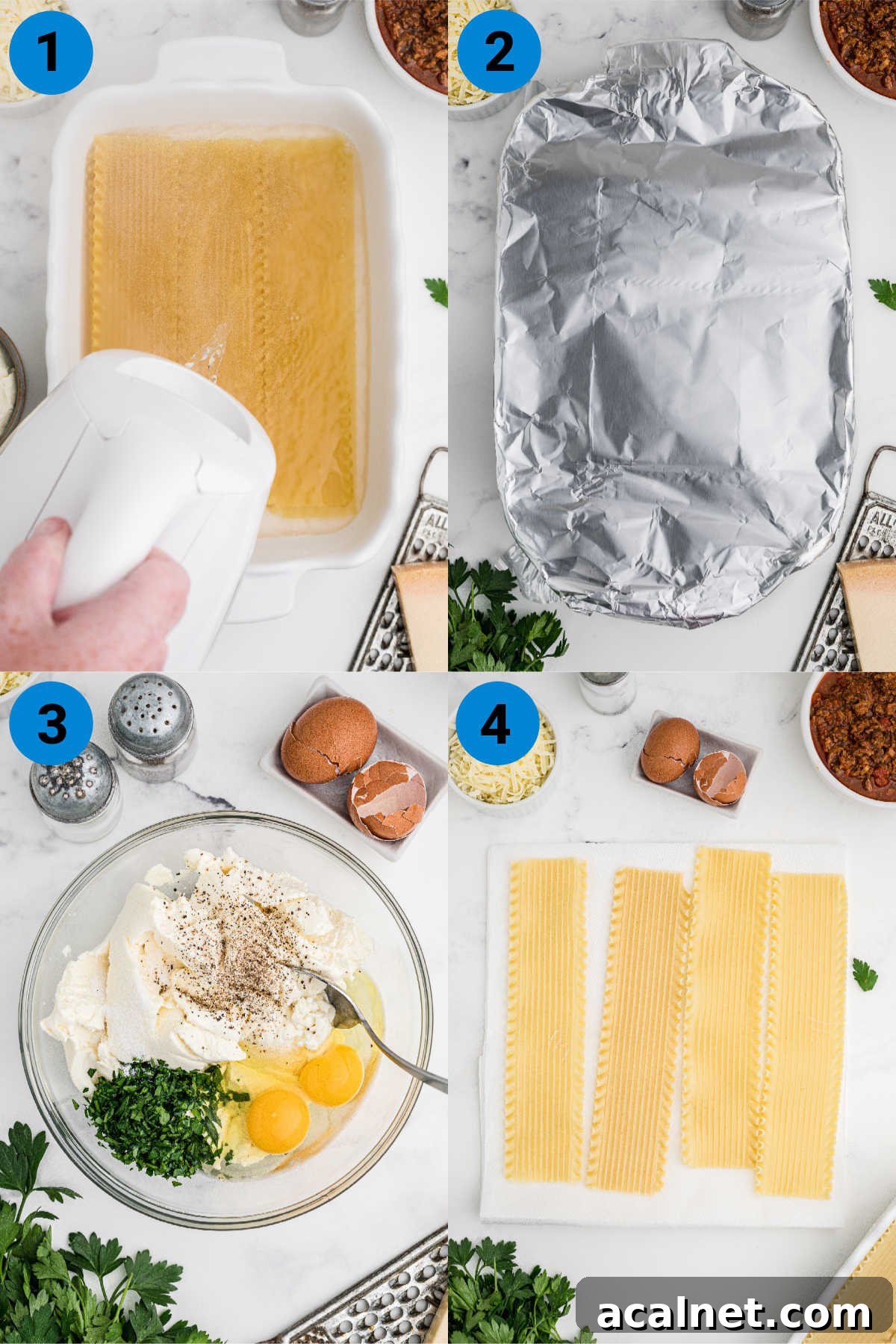 A collage of four images showing how to make venison lasagna, recipe steps 1-4.